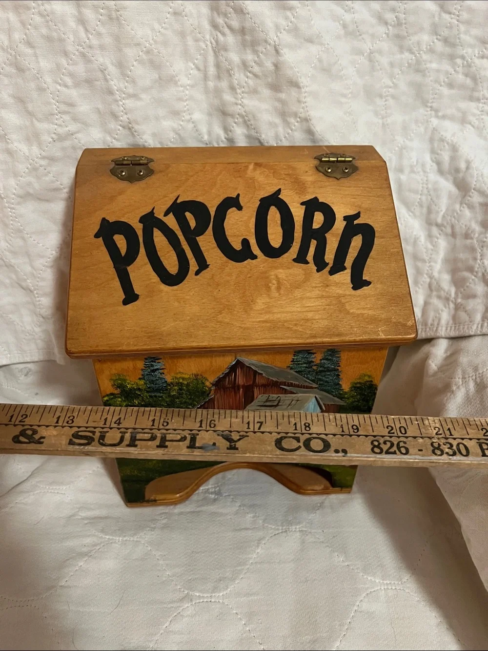 Wood Popcorn Storage Box with Country Barn Painting